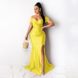 Sexy Solid Color Nightclub V Neck Split Long Dress AIL-243