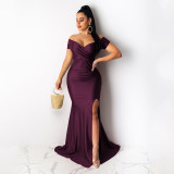 Sexy Solid Color Nightclub V Neck Split Long Dress AIL-243