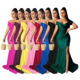 Sexy Solid Color Nightclub V Neck Split Long Dress AIL-243