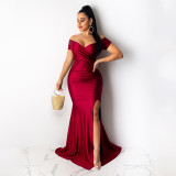 Sexy Solid Color Nightclub V Neck Split Long Dress AIL-243