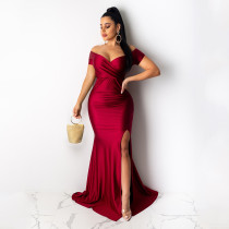Sexy Solid Color Nightclub V Neck Split Long Dress AIL-243