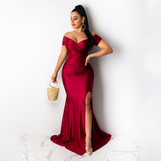 Sexy Solid Color Nightclub V Neck Split Long Dress AIL-243