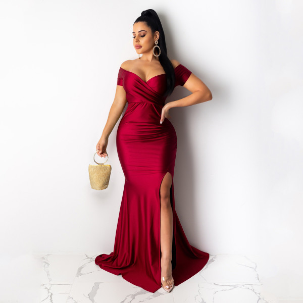 Sexy Solid Color Nightclub V Neck Split Long Dress AIL-243