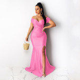 Sexy Solid Color Nightclub V Neck Split Long Dress AIL-243