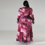 Plus Size Print Long Sleeve Lapel Maxi Dress GDAM-218285
