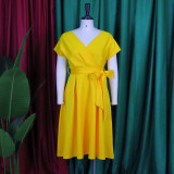 V-neck Solid Color Waisted Bow Tie Midi Dress GATE-A2-D3027C