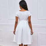V-neck Solid Color Waisted Bow Tie Midi Dress GATE-A2-D3027C