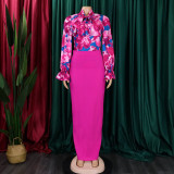 Print Bandage Long Sleeve Shirt Two Piece Skirt Set GATE-D323