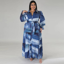 Plus Size Print Long Sleeve Lapel Maxi Dress GDAM-218285