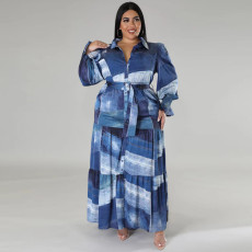 Plus Size Print Long Sleeve Lapel Maxi Dress GDAM-218285