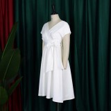 V-neck Solid Color Waisted Bow Tie Midi Dress GATE-A2-D3027C