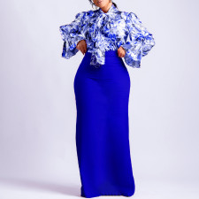 Print Bandage Long Sleeve Shirt Two Piece Skirt Set GATE-D323