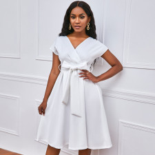 V-neck Solid Color Waisted Bow Tie Midi Dress GATE-A2-D3027C