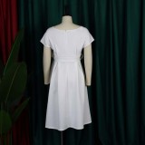 V-neck Solid Color Waisted Bow Tie Midi Dress GATE-A2-D3027C