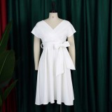 V-neck Solid Color Waisted Bow Tie Midi Dress GATE-A2-D3027C