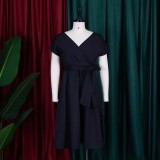 V-neck Solid Color Waisted Bow Tie Midi Dress GATE-A2-D3027C