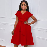 V-neck Solid Color Waisted Bow Tie Midi Dress GATE-A2-D3027C