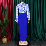 Print Bandage Long Sleeve Shirt Two Piece Skirt Set GATE-D323