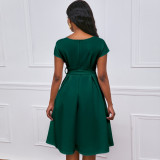 V-neck Solid Color Waisted Bow Tie Midi Dress GATE-A2-D3027C