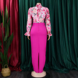 Print Bandage Long Sleeve Shirt Two Piece Skirt Set GATE-D323