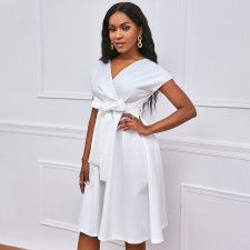 V-neck Solid Color Waisted Bow Tie Midi Dress GATE-A2-D3027C