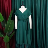 V-neck Solid Color Waisted Bow Tie Midi Dress GATE-A2-D3027C