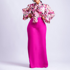 Print Bandage Long Sleeve Shirt Two Piece Skirt Set GATE-D323