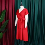 V-neck Solid Color Waisted Bow Tie Midi Dress GATE-A2-D3027C