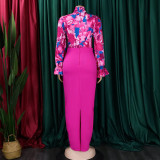 Print Bandage Long Sleeve Shirt Two Piece Skirt Set GATE-D323