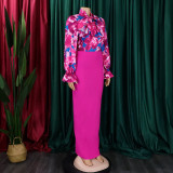 Print Bandage Long Sleeve Shirt Two Piece Skirt Set GATE-D323