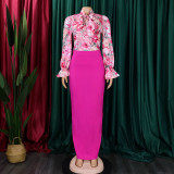 Print Bandage Long Sleeve Shirt Two Piece Skirt Set GATE-D323