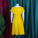 V-neck Solid Color Waisted Bow Tie Midi Dress GATE-A2-D3027C
