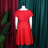 V-neck Solid Color Waisted Bow Tie Midi Dress GATE-A2-D3027C