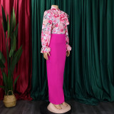 Print Bandage Long Sleeve Shirt Two Piece Skirt Set GATE-D323