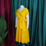 V-neck Solid Color Waisted Bow Tie Midi Dress GATE-A2-D3027C