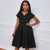V-neck Solid Color Waisted Bow Tie Midi Dress GATE-A2-D3027C