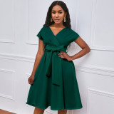 V-neck Solid Color Waisted Bow Tie Midi Dress GATE-A2-D3027C