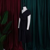 V-neck Solid Color Waisted Bow Tie Midi Dress GATE-A2-D3027C