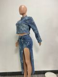 Fashion Embroider Long Sleeve Irregular Skirt Denim 2 Piece Set NYF-8159