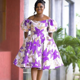 Plus Size Print One Shoulder Flare Sleeve Midi Dress GKEN-030733