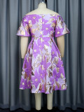 Plus Size Print One Shoulder Flare Sleeve Midi Dress GKEN-030733