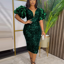 Plus Size V Neck Stacked Sleeves Sequin Midi Dress GKEN-221117