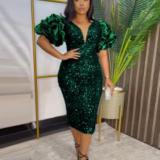 Plus Size V Neck Stacked Sleeves Sequin Midi Dress GKEN-221117