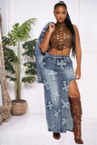 Fashion Embroider Long Sleeve Irregular Skirt Denim 2 Piece Set NYF-8159