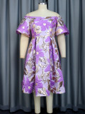 Plus Size Print One Shoulder Flare Sleeve Midi Dress GKEN-030733
