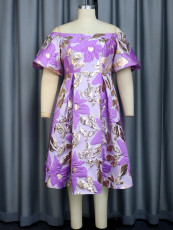 Plus Size Print One Shoulder Flare Sleeve Midi Dress GKEN-030733
