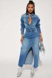 Fashion Single Breasted Split Denim Dress LX-3566