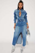Fashion Single Breasted Split Denim Dress LX-3566