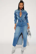 Fashion Single Breasted Split Denim Dress LX-3566