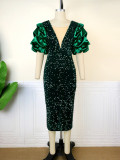 Plus Size V Neck Stacked Sleeves Sequin Midi Dress GKEN-221117